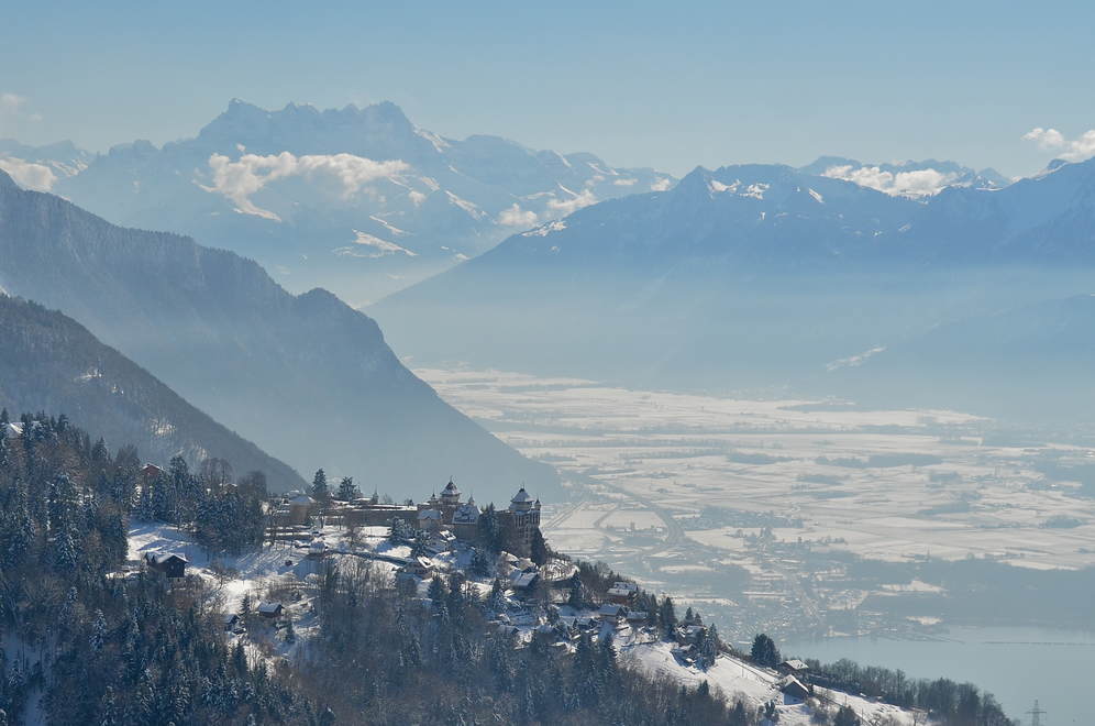 A winter view from the air towards the Dents du Midi, Caux, photo