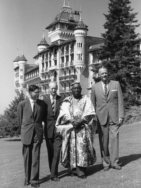 Rajmohan Gandhi, James Dickson, Odemo of Ishara, Oba Akisanya,Joel Mc Crea, B&W portrait photo