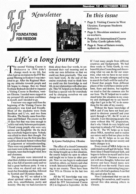 Foundations for Freedom Newsletter cover, October 1996